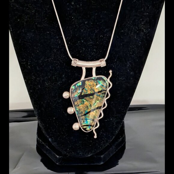 Rula Glass Jewelry - WOW Tiger Eye Color ART DECO Dichroic Glass 925 Sterling Silver Large Pendant